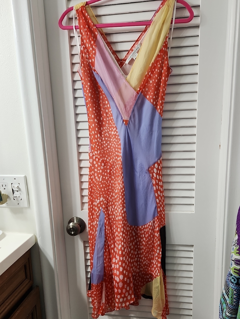 DVF Colorblock Orange Polka Midi Dress with Lavender Panels